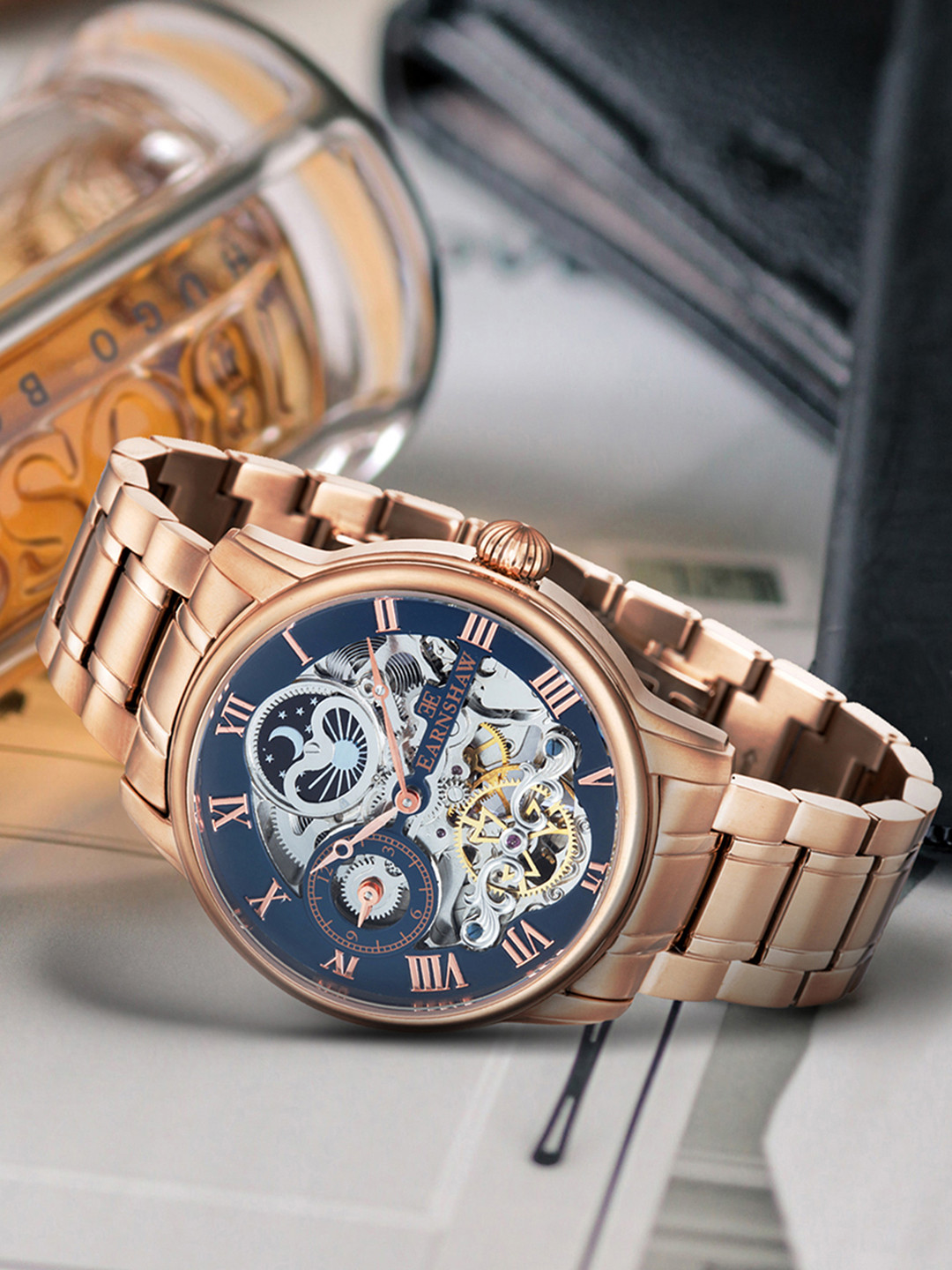EARNSHAW Men Blue Skeleton Dial Bracelet Style Straps Analogue Watch ES-8006-44