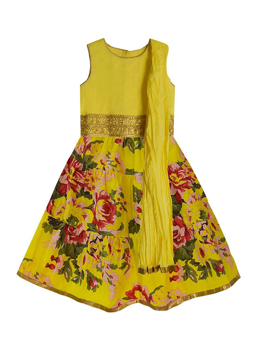 A T U N Girls Yellow & Red Ready to Wear Pure Cotton Lehenga & Blouse With Dupatta