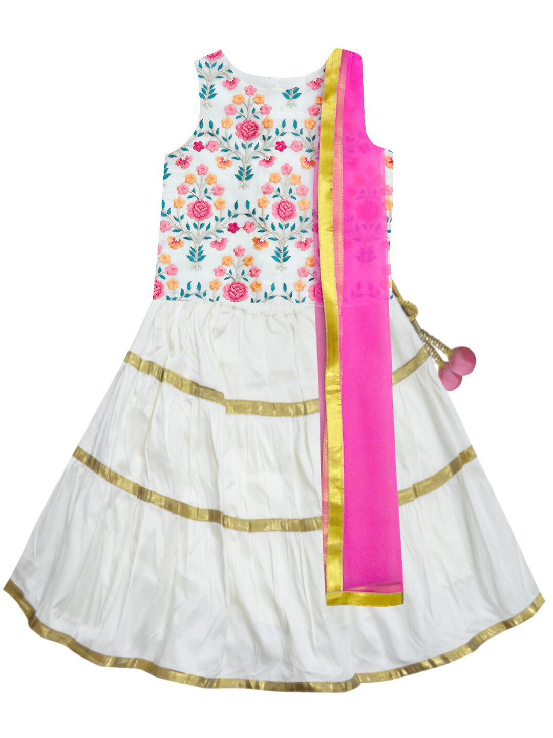A.T.U.N. Girls Cream-Coloured & Pink Ready to Wear Lehenga & Blouse With Net Dupatta