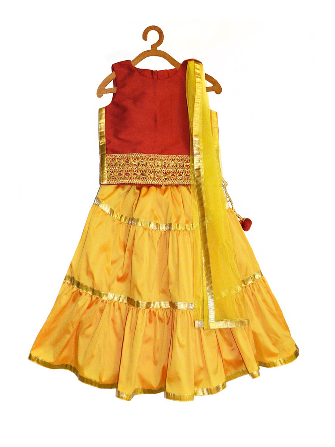 A T U N Girls Yellow & Red Ready to Wear Lehenga & Blouse With Dupatta