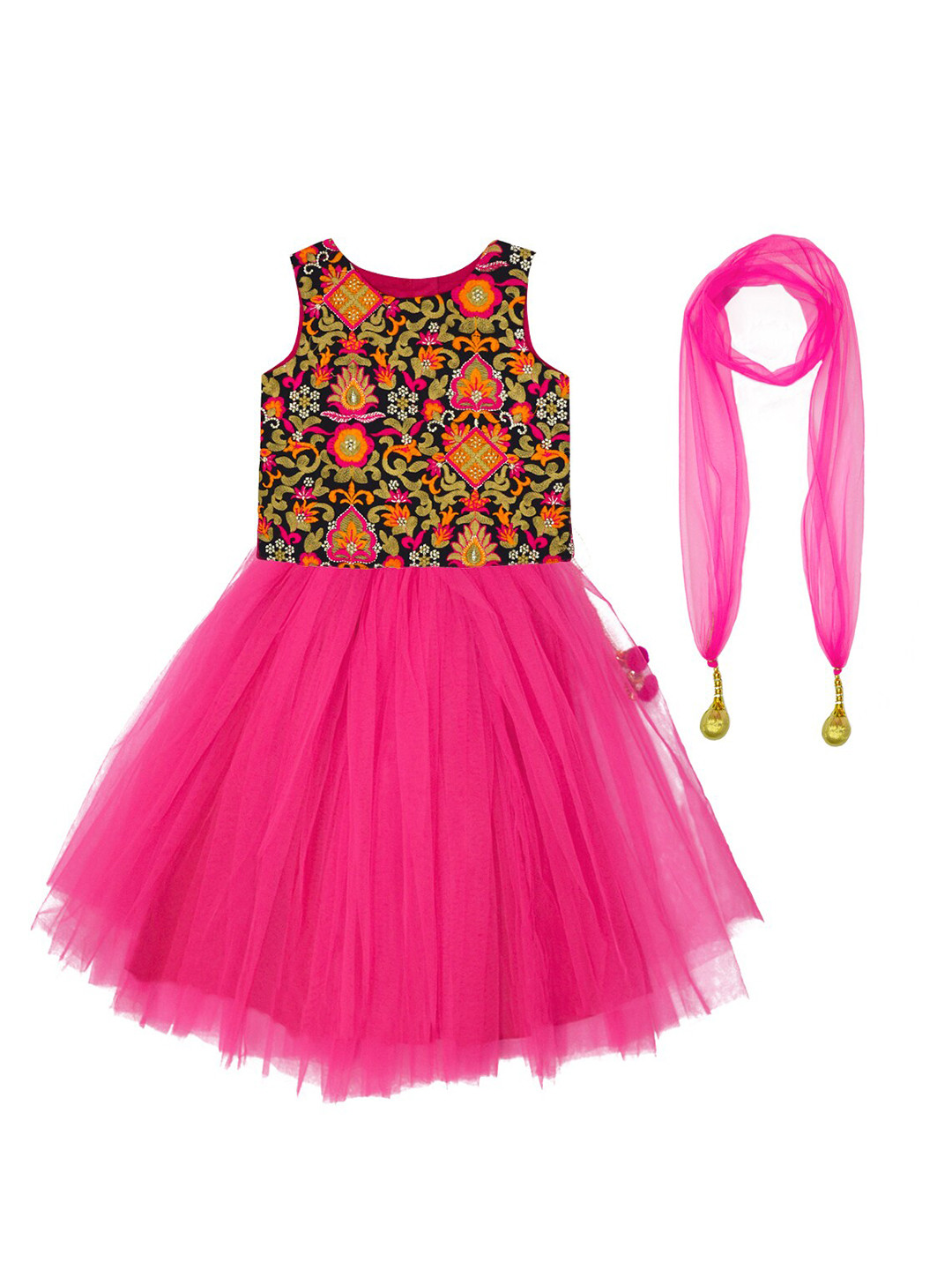 A T U N Girls Fuchsia & Black Embroidered Ready to Wear Lehenga & Blouse With Dupatta