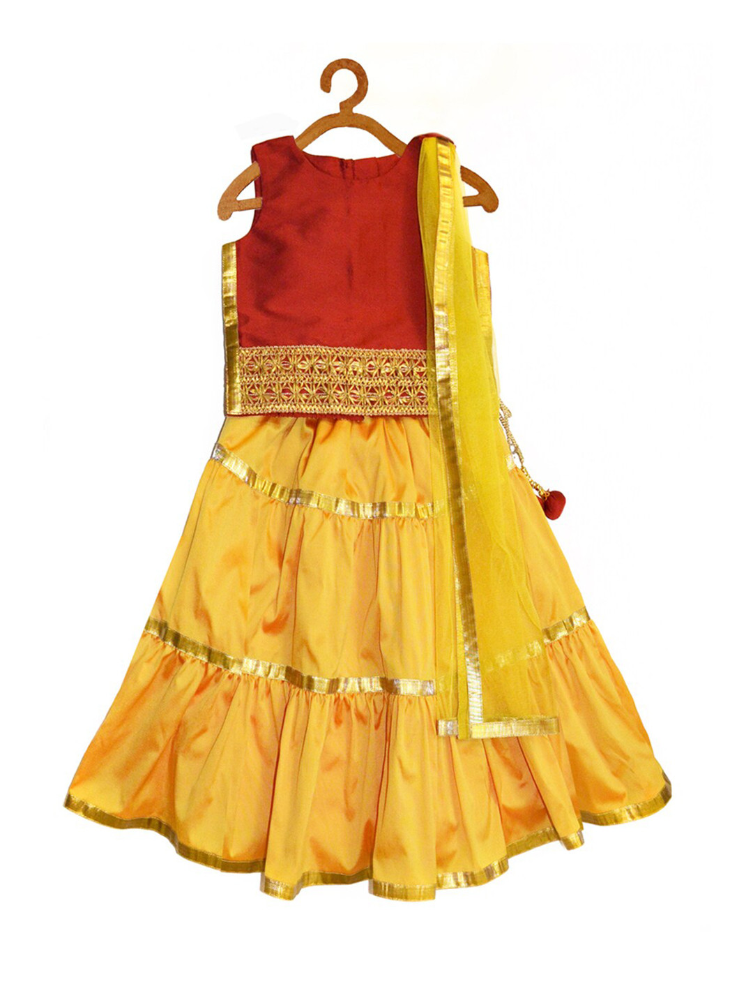 A T U N Girls Yellow & Maroon Embellished Ready to Wear Lehenga & Blouse With Dupatta