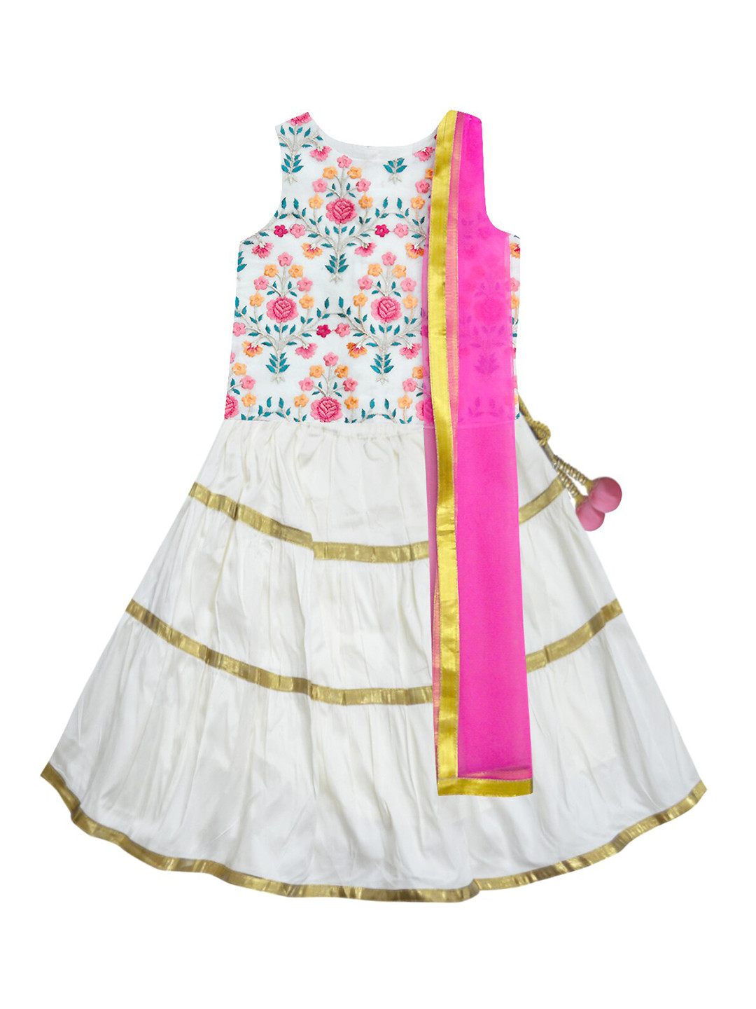 A.T.U.N. Girls Cream-Coloured & Pink Ready to Wear Lehenga & Blouse With Net Dupatta