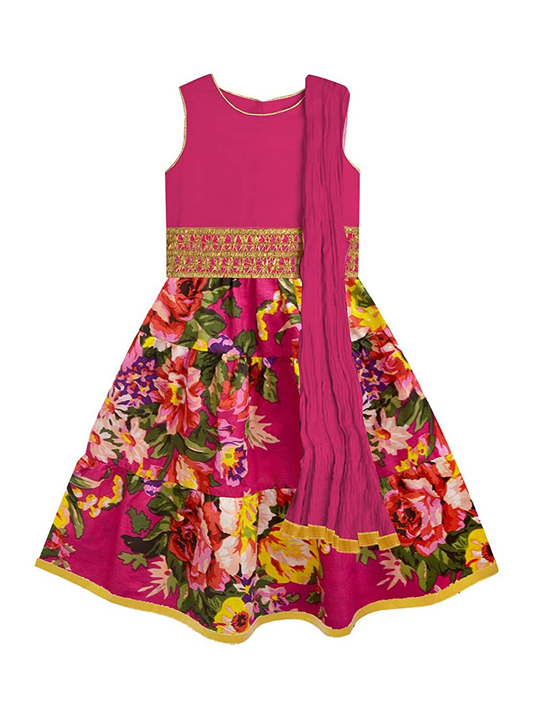 A.T.U.N. Girls Magenta & Green Embellished Ready to Wear Lehenga & Blouse With Dupatta