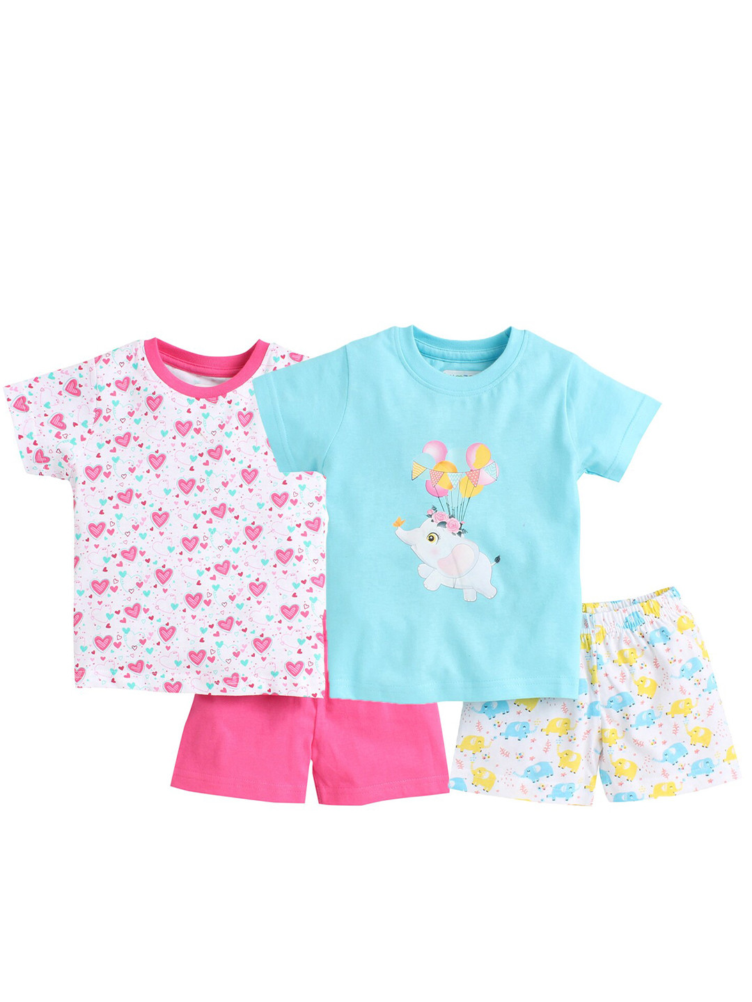 BUMZEE Girls Pack Of 2 Pink & White Printed Pure Cotton T-shirt with Shorts