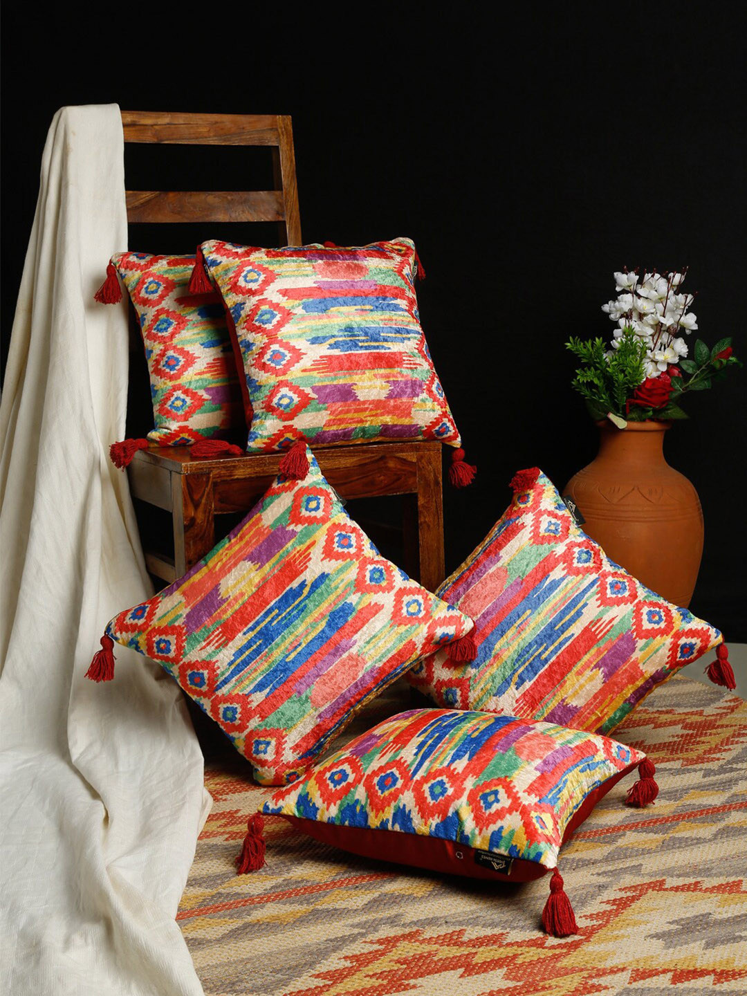 HOSTA HOMES Printed Blue Self Design Velvet Ultra Soft 5 Pcs Cushion Covers -16x16In