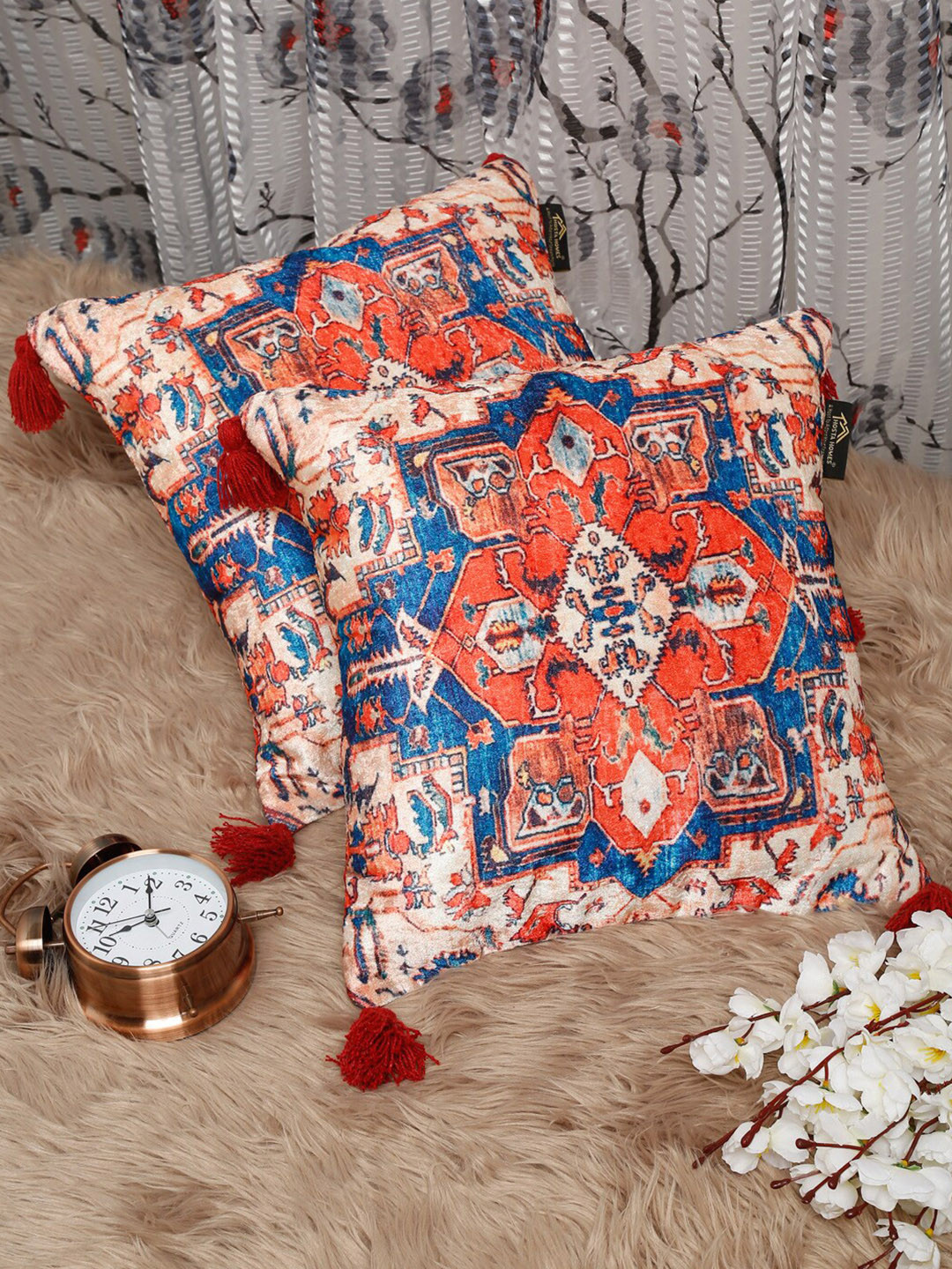 HOSTA HOMES Orange & Blue Set of 2 Ethnic Motifs Velvet Square Cushion Covers