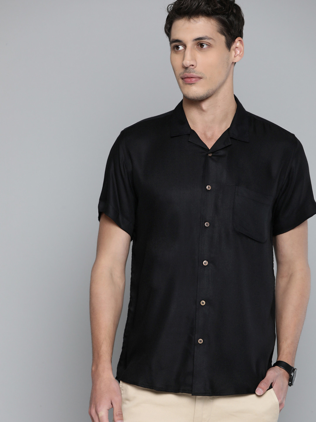 DENNISON Men Black Cotton Twill Weave Slim Fit Casual Shirt