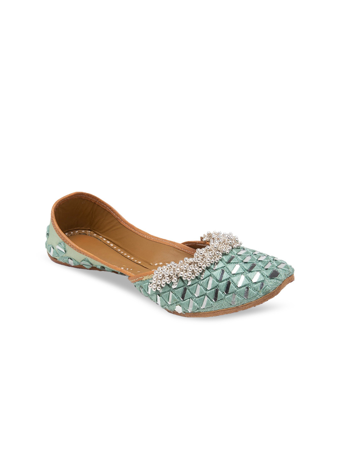 5 ELEMENTS Women Green & Silver-Toned Ghungroo Embellished Mojaris