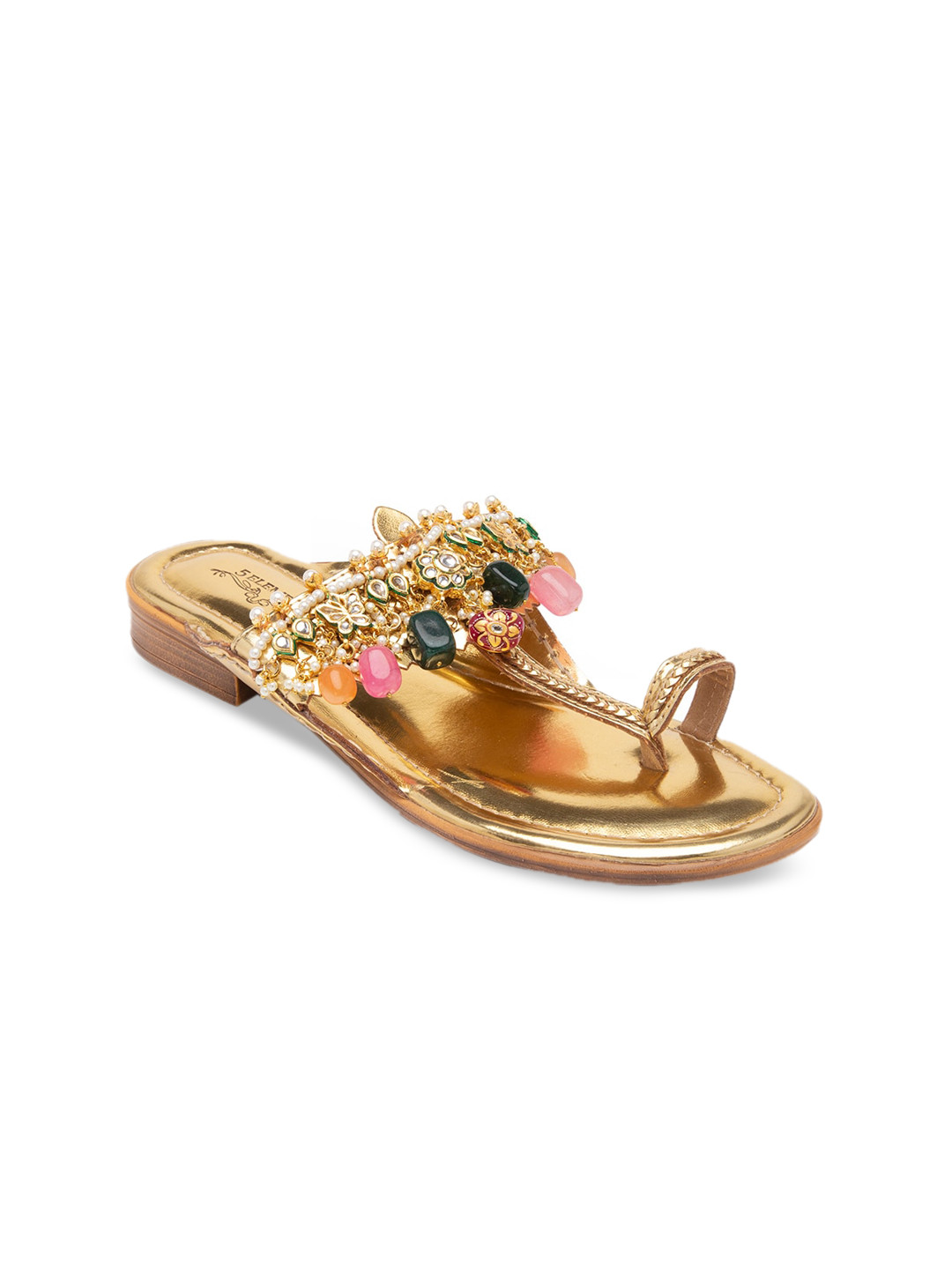 5 ELEMENTS Women Gold-Toned & Pink Embellished Kolhapuri One Toe Flats