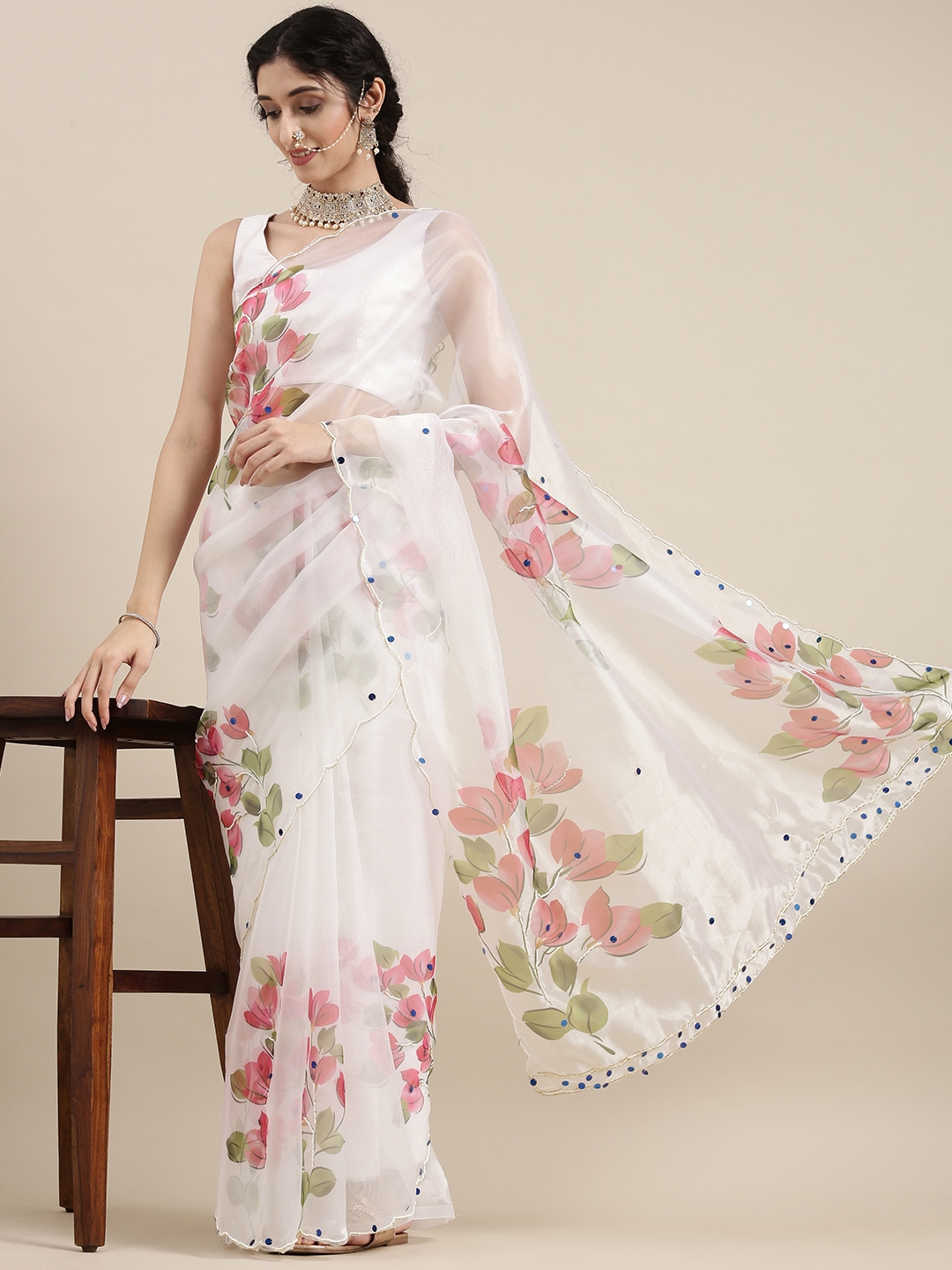 Buy VASTRANAND White Floral Beads And Stones Organza Saree -  - Apparel for Women