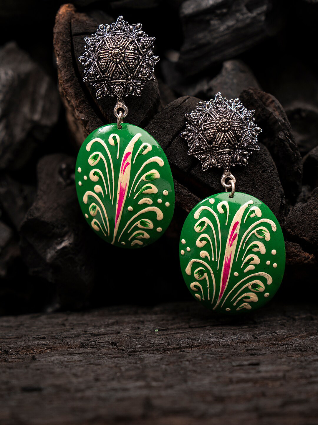 Shoshaa Green Meenakari Contemporary Drop Earrings