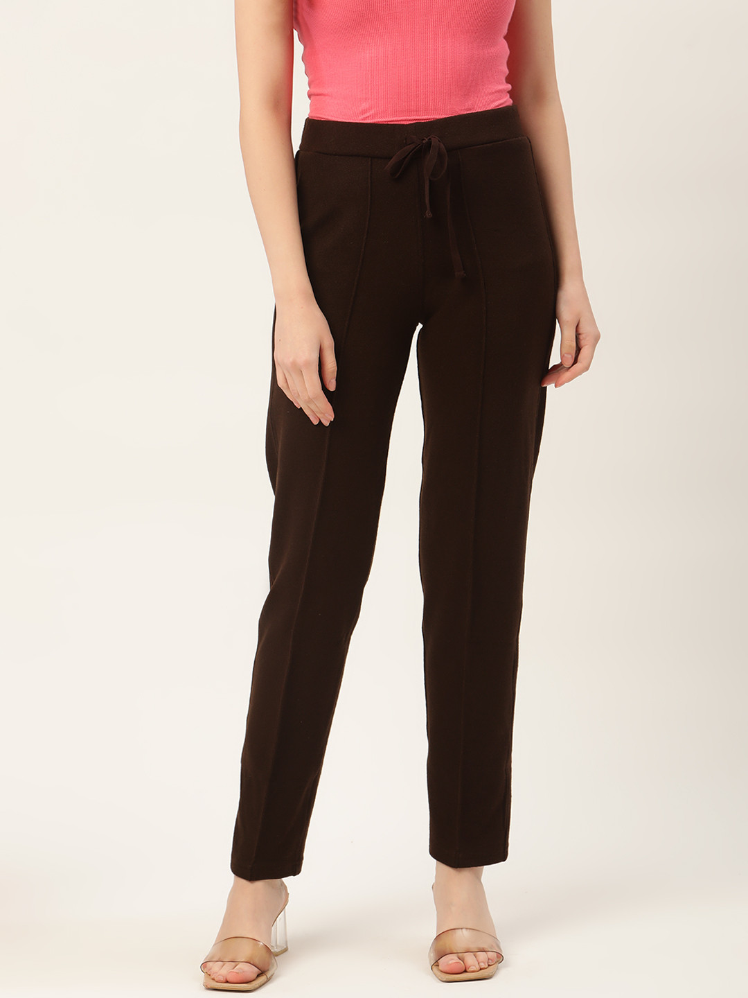 RVK Women Coffee Brown Solid Regular Fit Knitted Winter Trousers