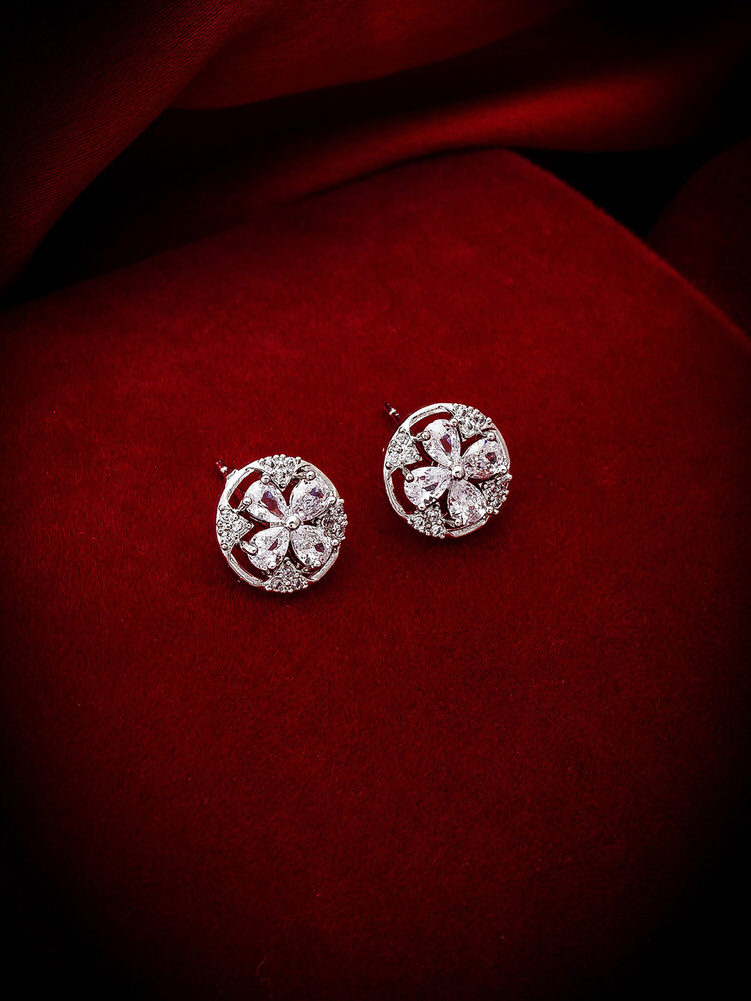 aadita Silver-Toned Round American Diamond Studded Studs