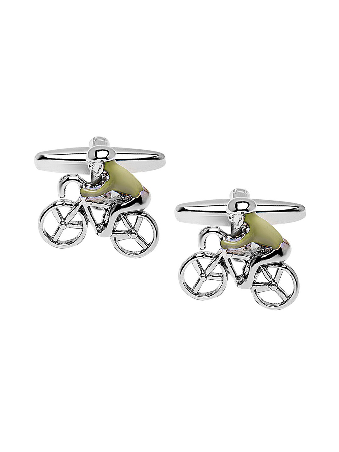bodha Silver-Toned & Green Quirky Bicycle Design Cufflink