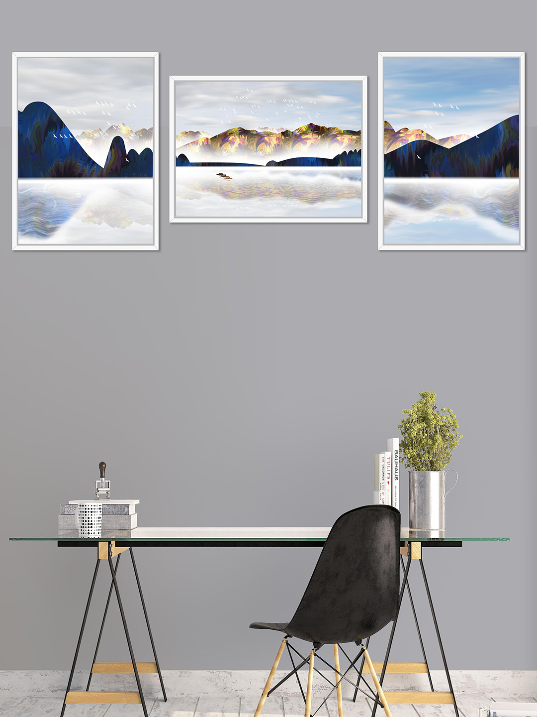 Art Street Set Of 3 White & Blue Landscape Theme Canvas Painting Framed Wall Arts