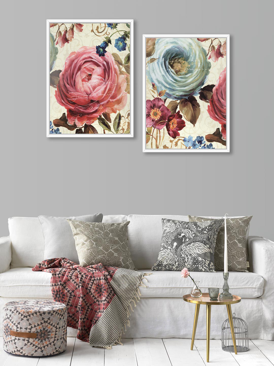 Art Street Set of 2 Blue & Pink Floral Theme Canvas Painting Framed Wall Arts