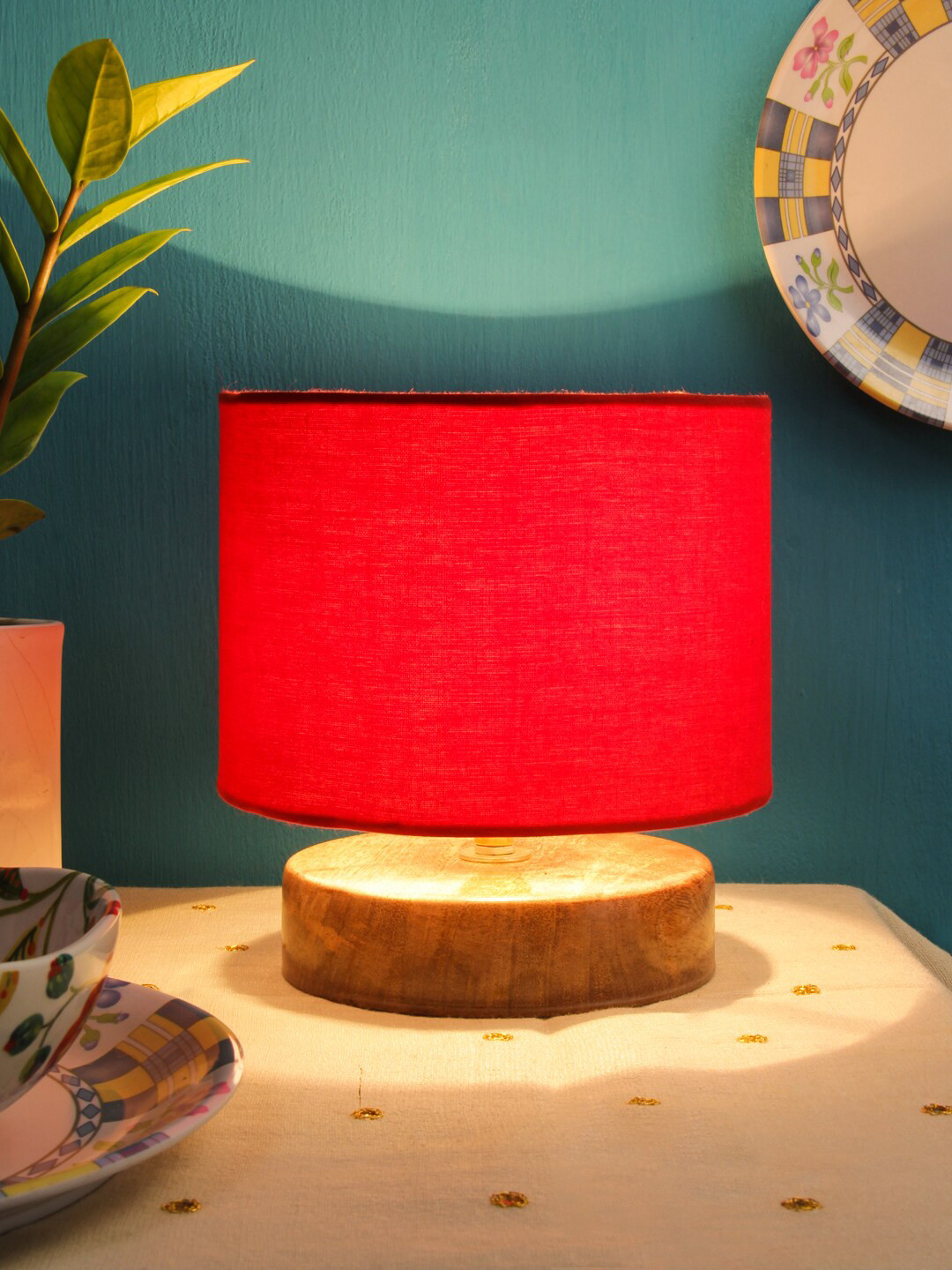 Devansh Red Cotton Shade Table Lamp with Wood Base