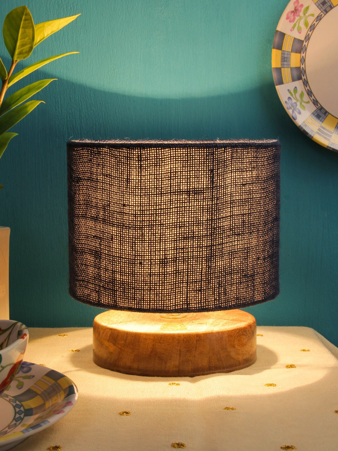 Devansh Navy Blue Solid Table Lamp With Jute Shade