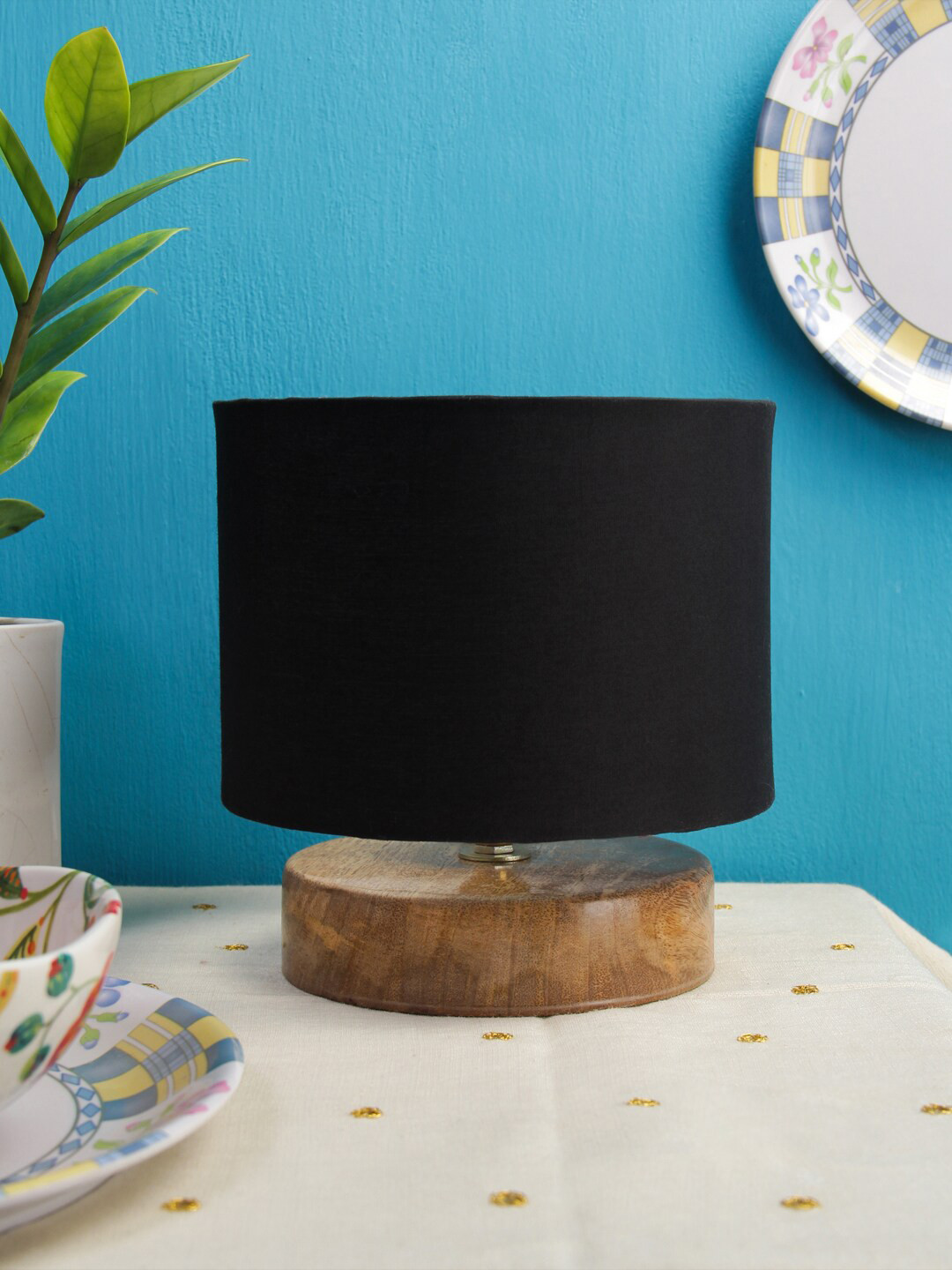 Devansh Black Drum Table Lamp With Wood Base