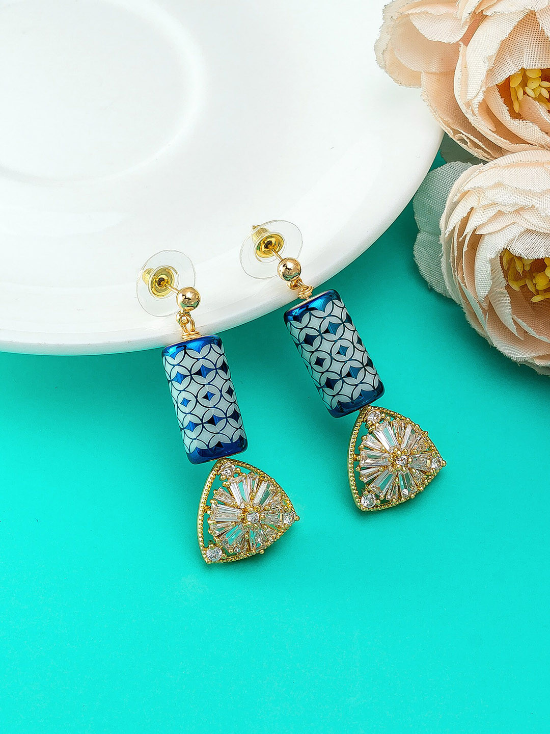 aadita Gold-Toned Spherical American Diamond Drop Earrings