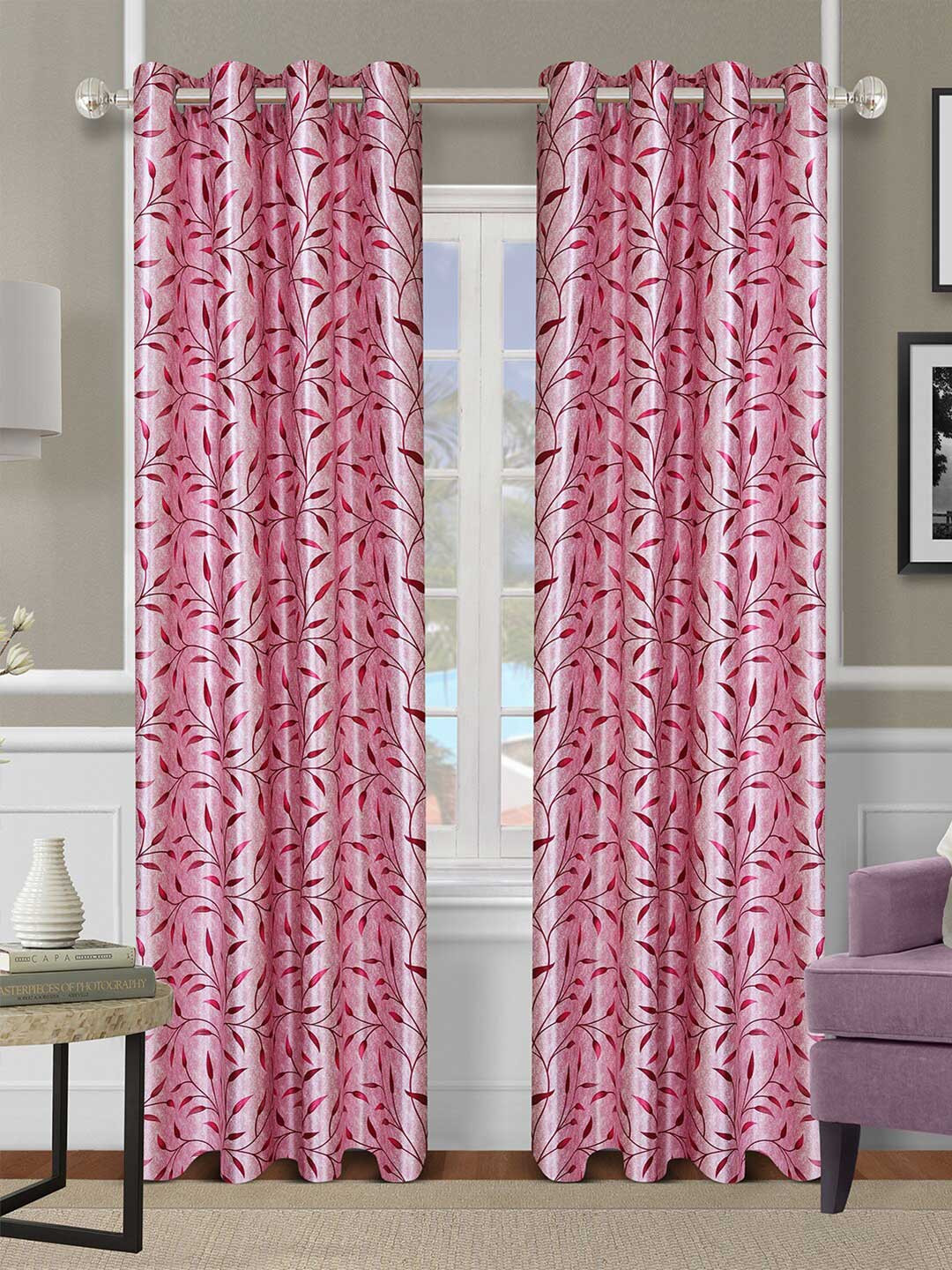 ROMEE Set Of 2 Pink Floral Room Darkening Long Door Curtain