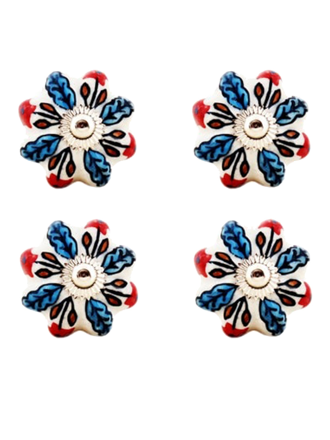 The Decor Mart Set Of 4 White & Blue Printed Ceramic Decorative Knobs
