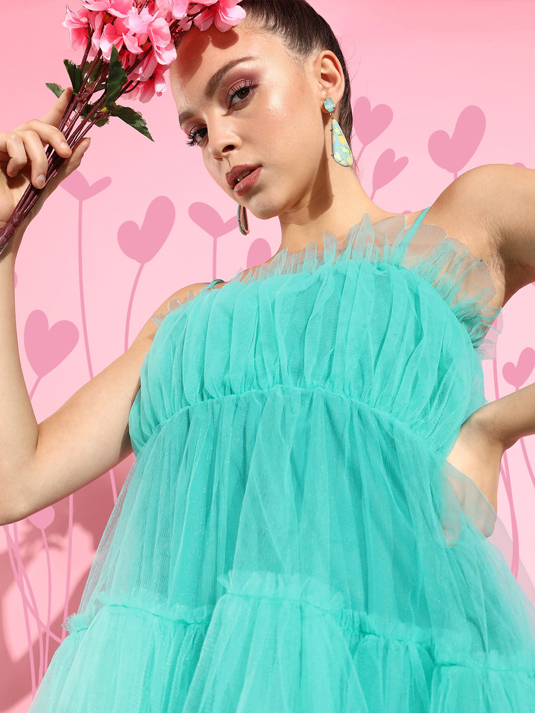 KASSUALLY Women Alluring Turquoise Blue Solid Tulle Dress