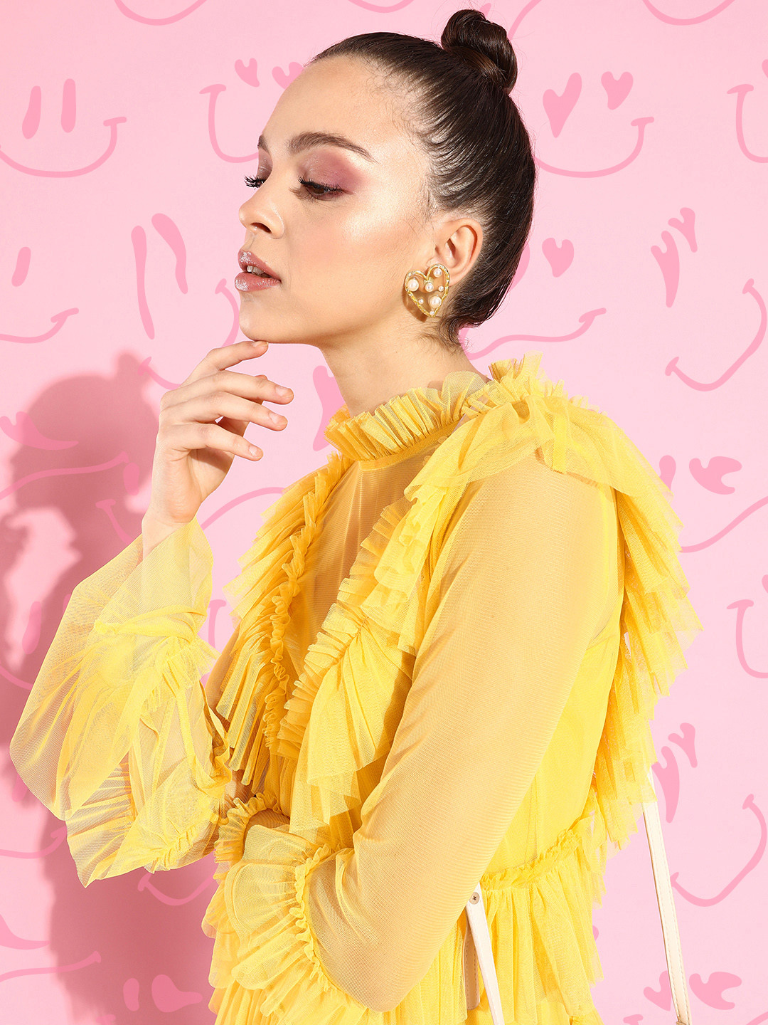 KASSUALLY Women Bright Yellow Solid Tulle Dress
