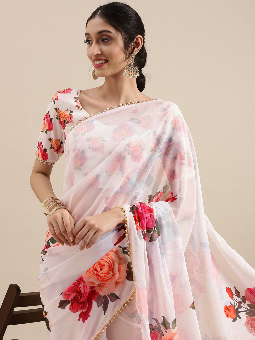 LOOKNBOOK ART White & Pink Floral Saree
