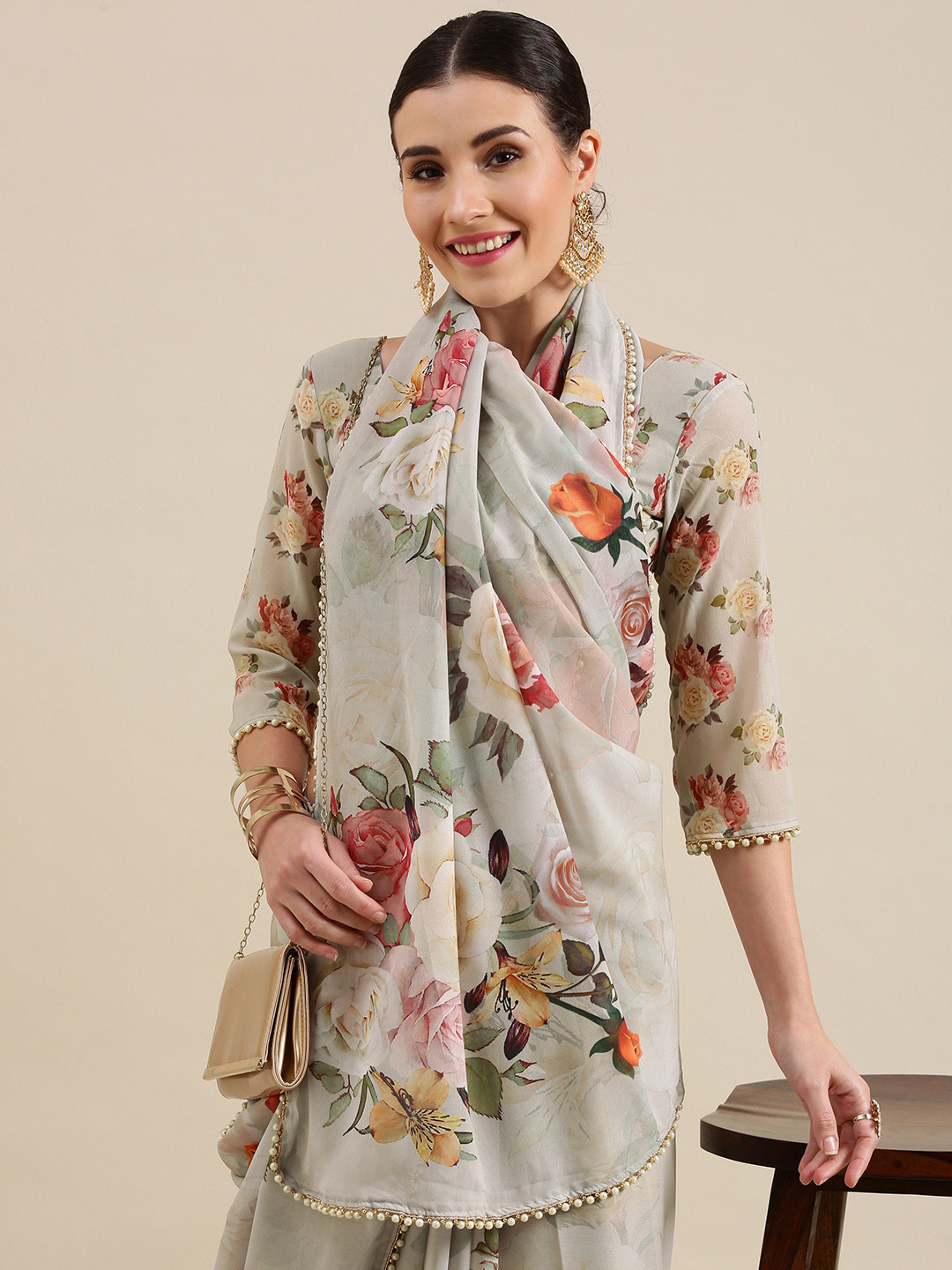 LOOKNBOOK ART Green & Pink Floral Beads and Stones Saree