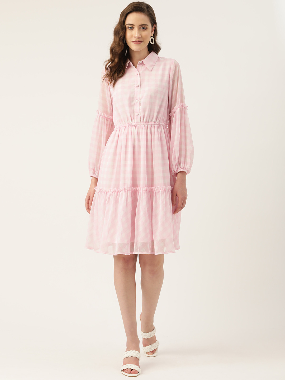 Antheaa Pink & White Checked Chiffon Shirt Style Dress