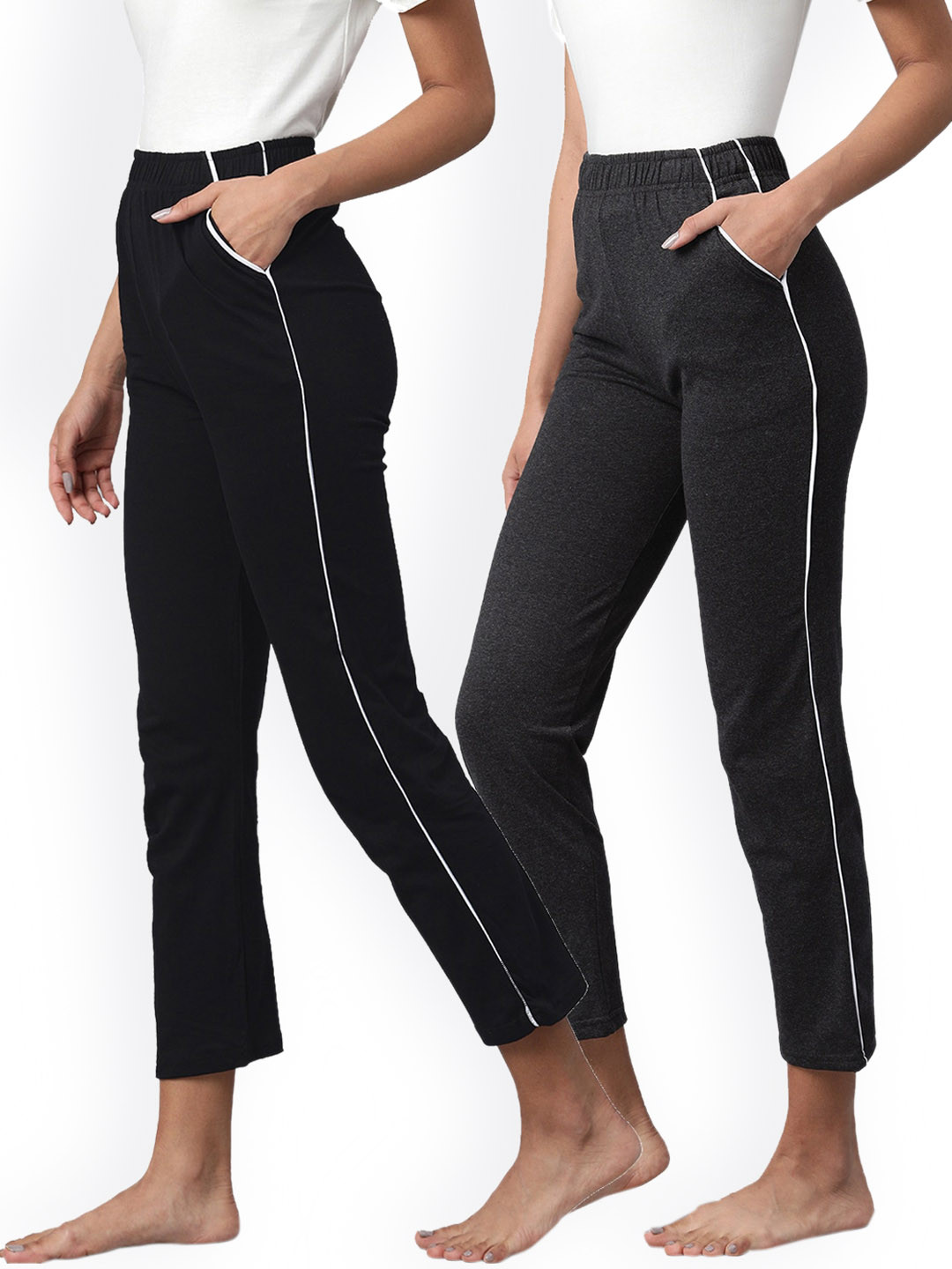 NOT YET by us Women Black & Charcoal Grey Pack Of 2 Pure Cotton Lounge Pants