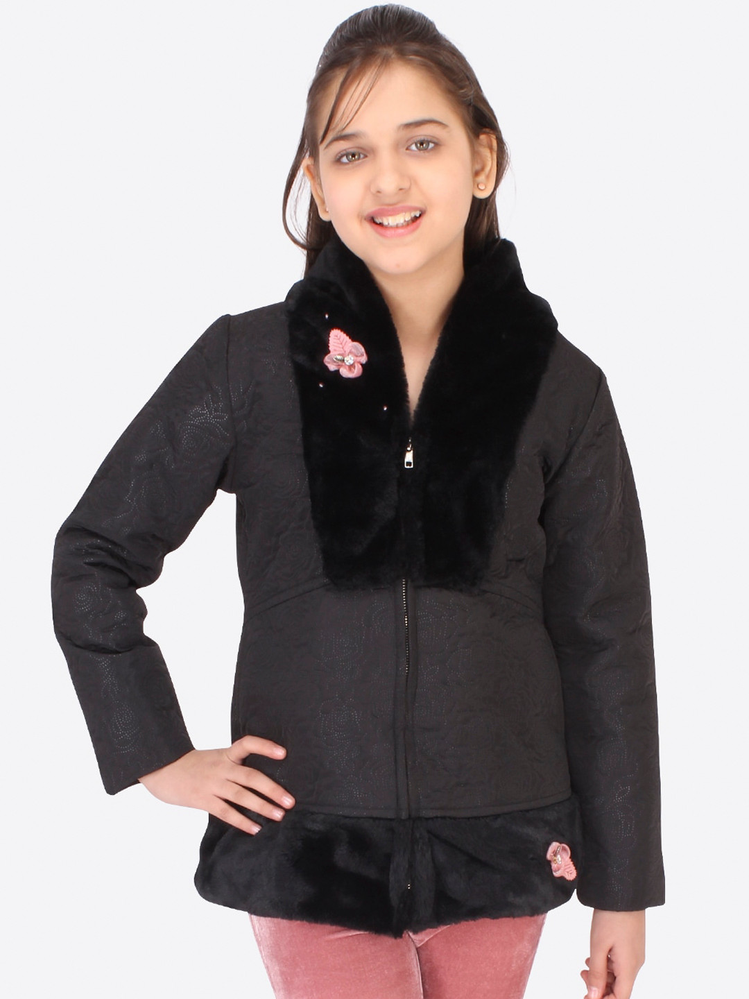 CUTECUMBER Girls Black Colourblocked Tailored Jacket with Embroidered