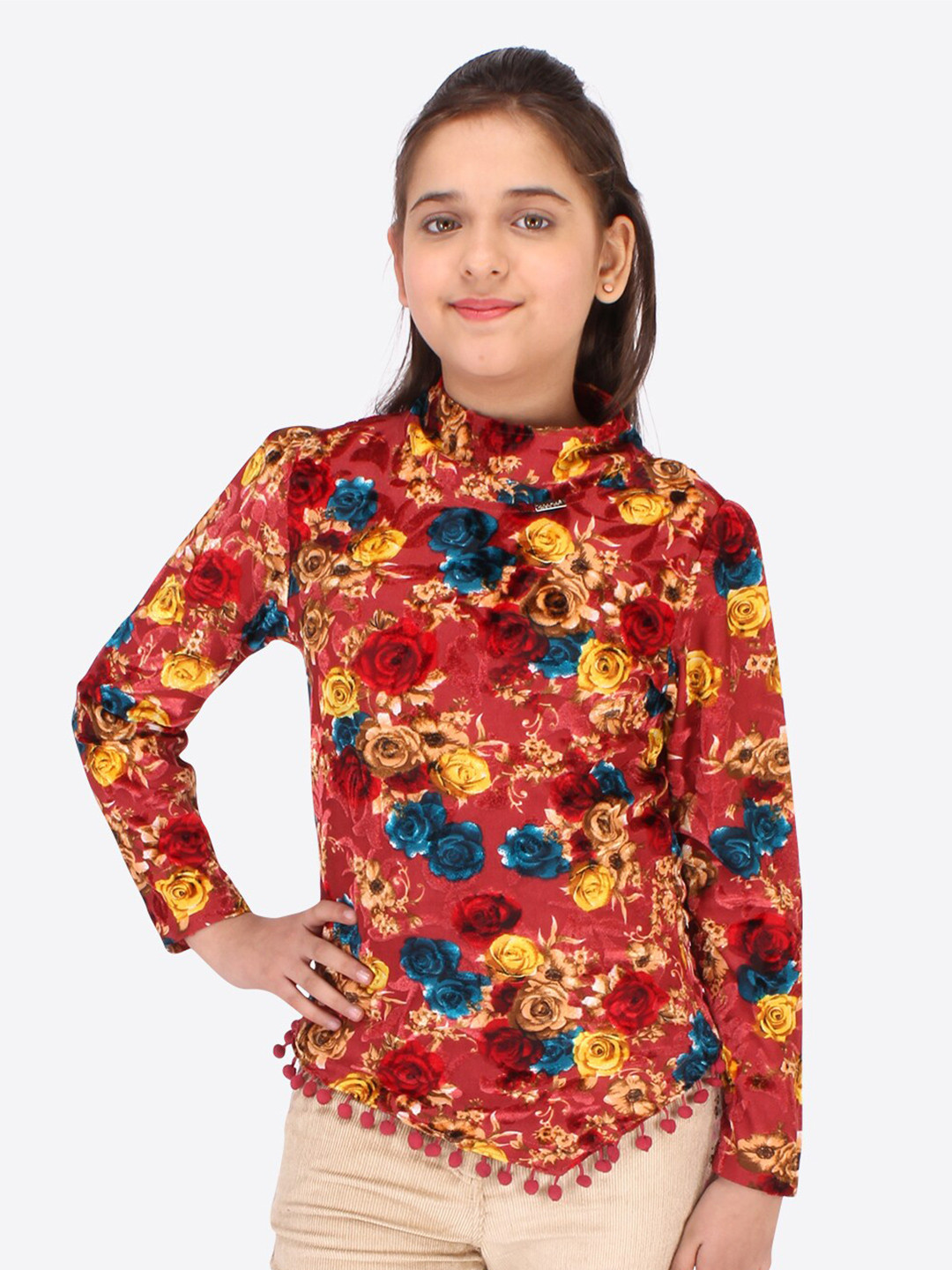 CUTECUMBER Girls Red Floral Print Velvet Top