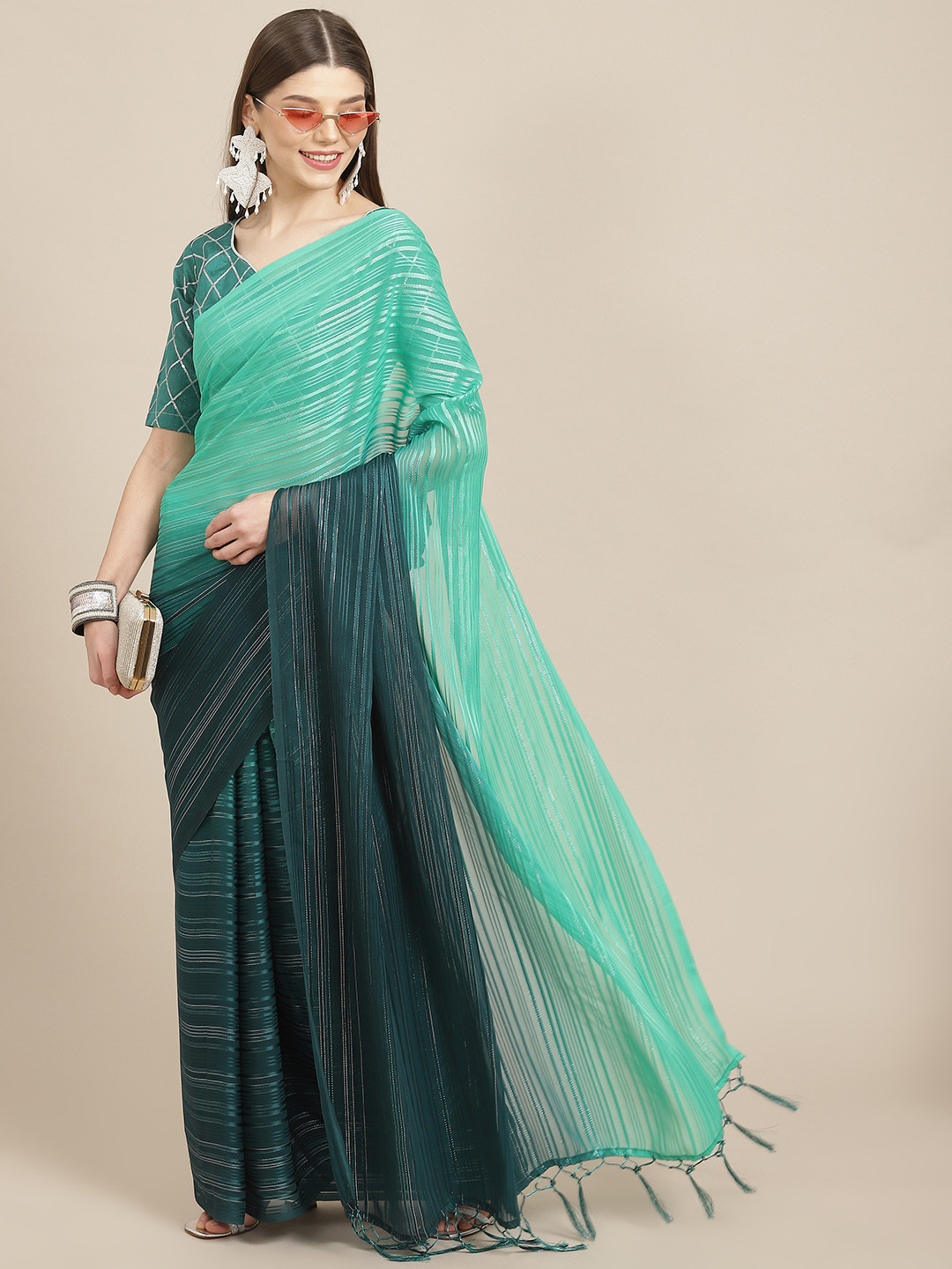 Mitera Blue & Teal Green Striped Saree