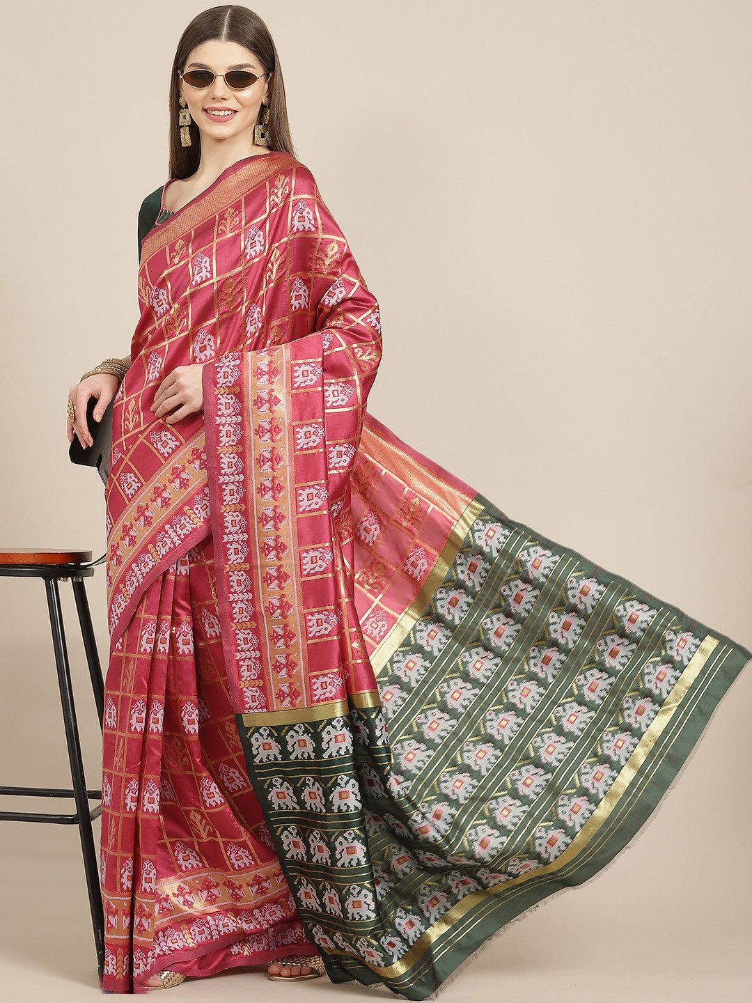 Mitera Pink & Olive Green Woven Design Silk Cotton Banarasi Saree