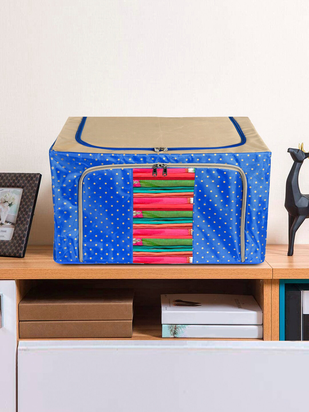 Kuber Industries Blue & Beige Polka Dot Printed Wardrobe Organizer With Clear Window