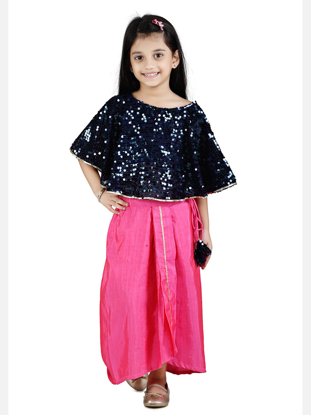 LilPicks Girls Navy Blue & Pink Embellished Top with Drape Skirt