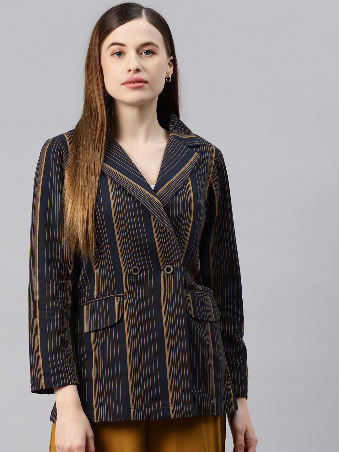 Cottinfab Women Navy Blue Striped Double-Breasted Formal Blazer