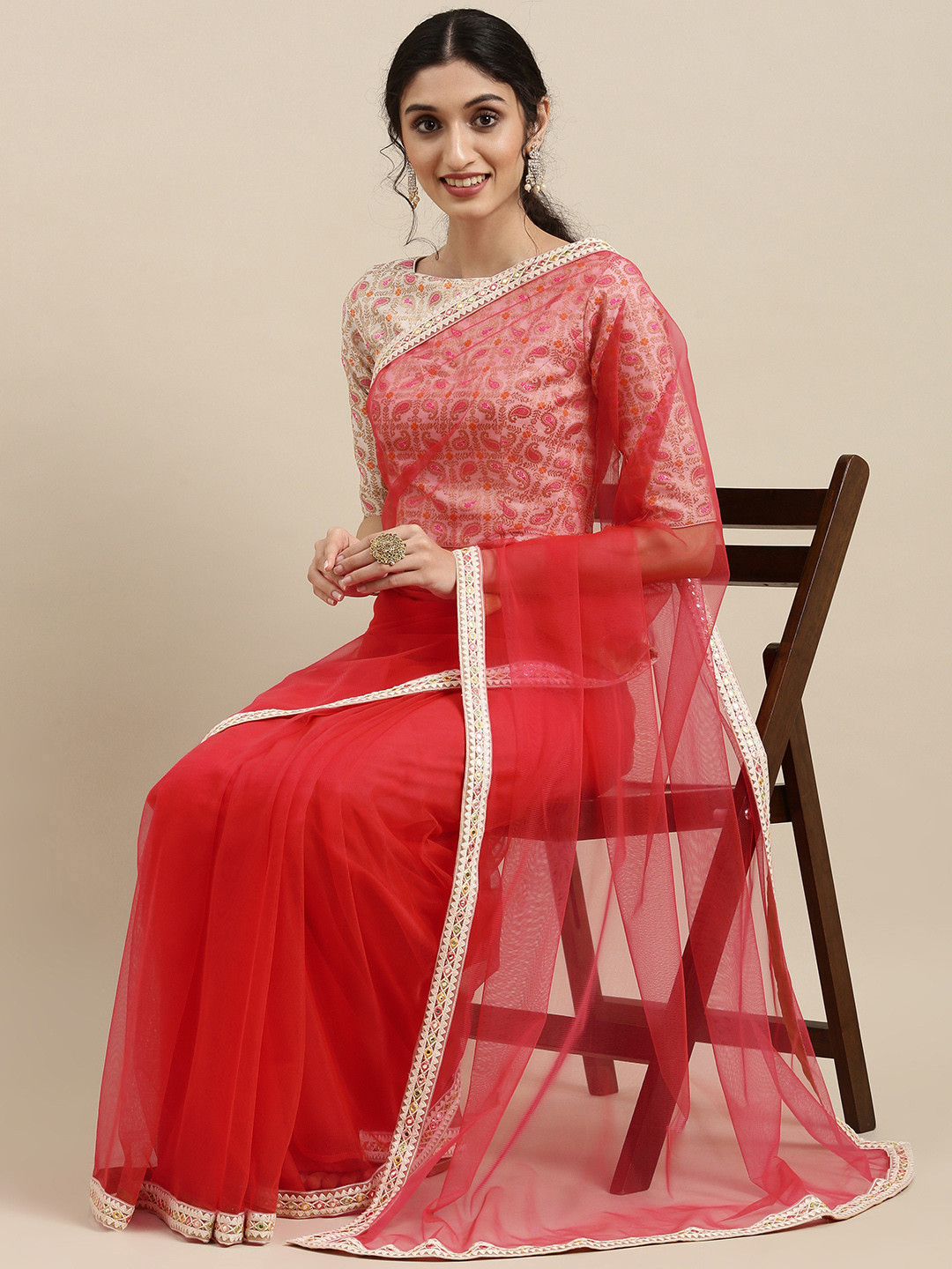 Ethnovog Pink Embroidered Organza Saree