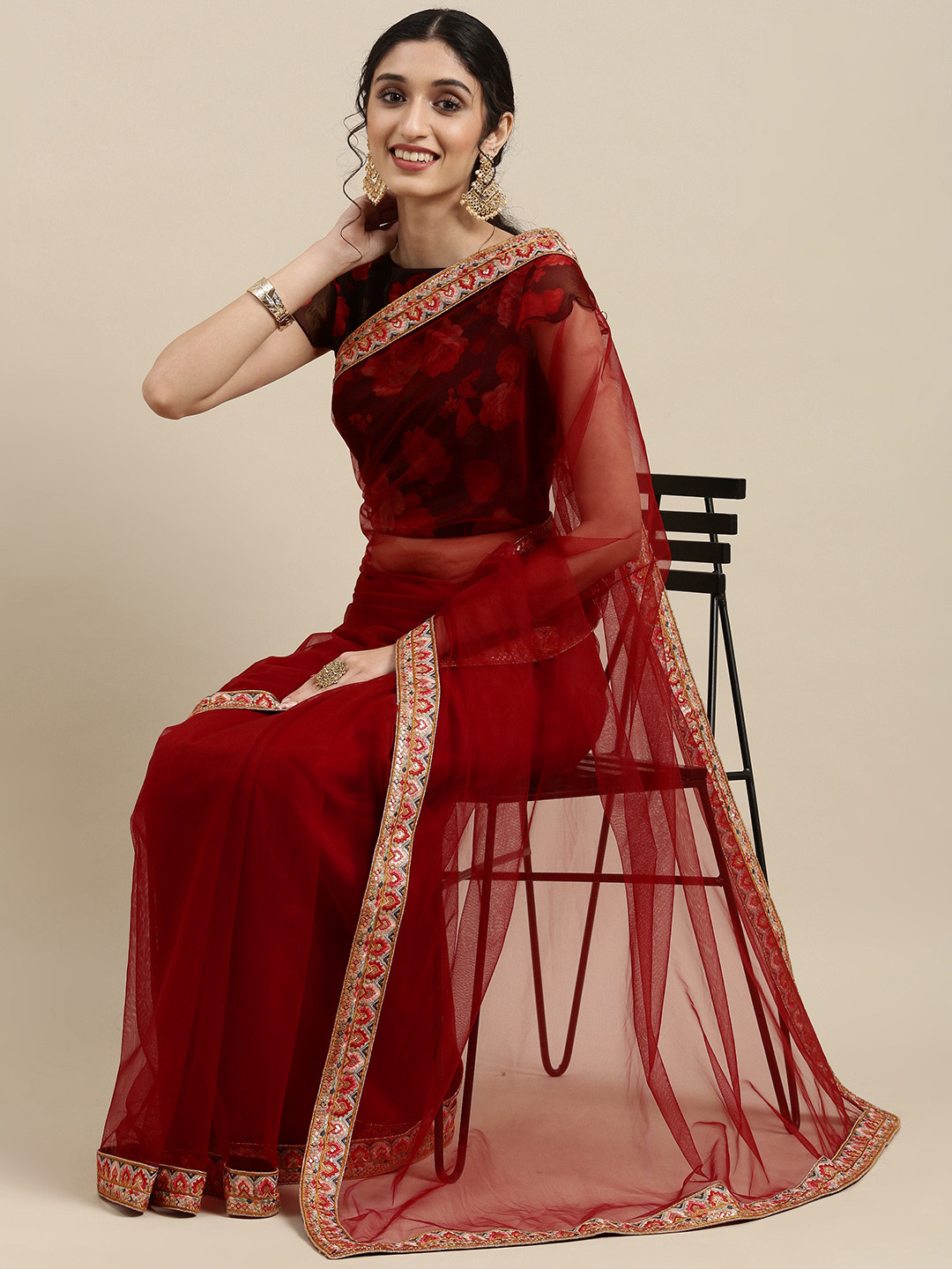 Ethnovog Red Embroidered Saree With Stitched Blouse