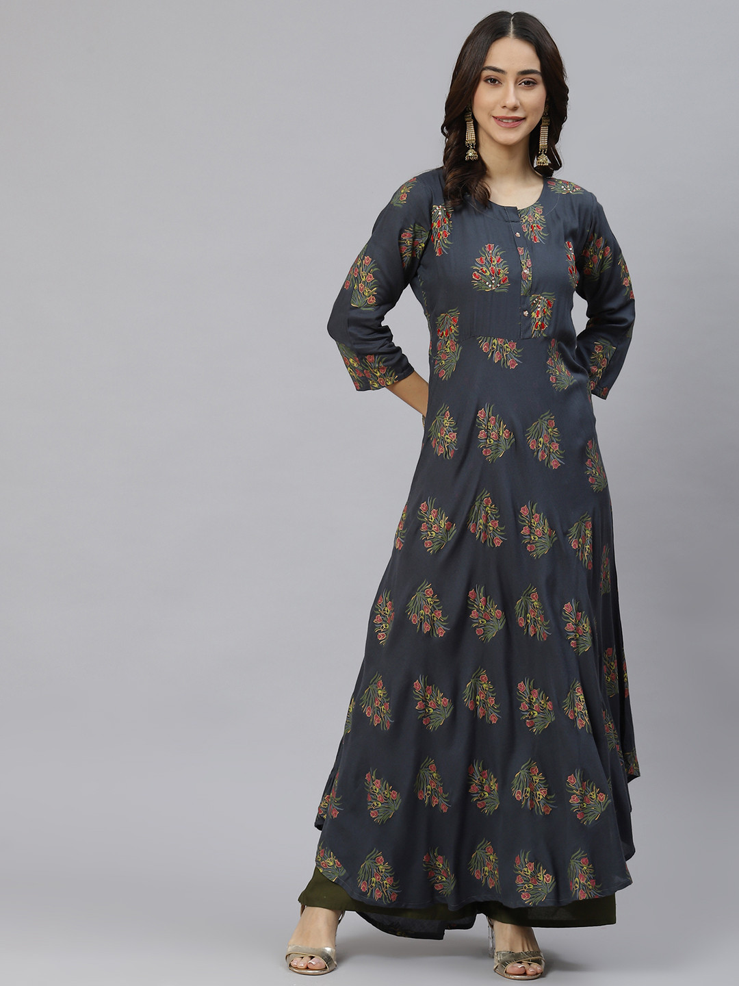 Ives Women Grey With A Tinge Of Blue Ethnic Motifs Printed Thread Work Kurta