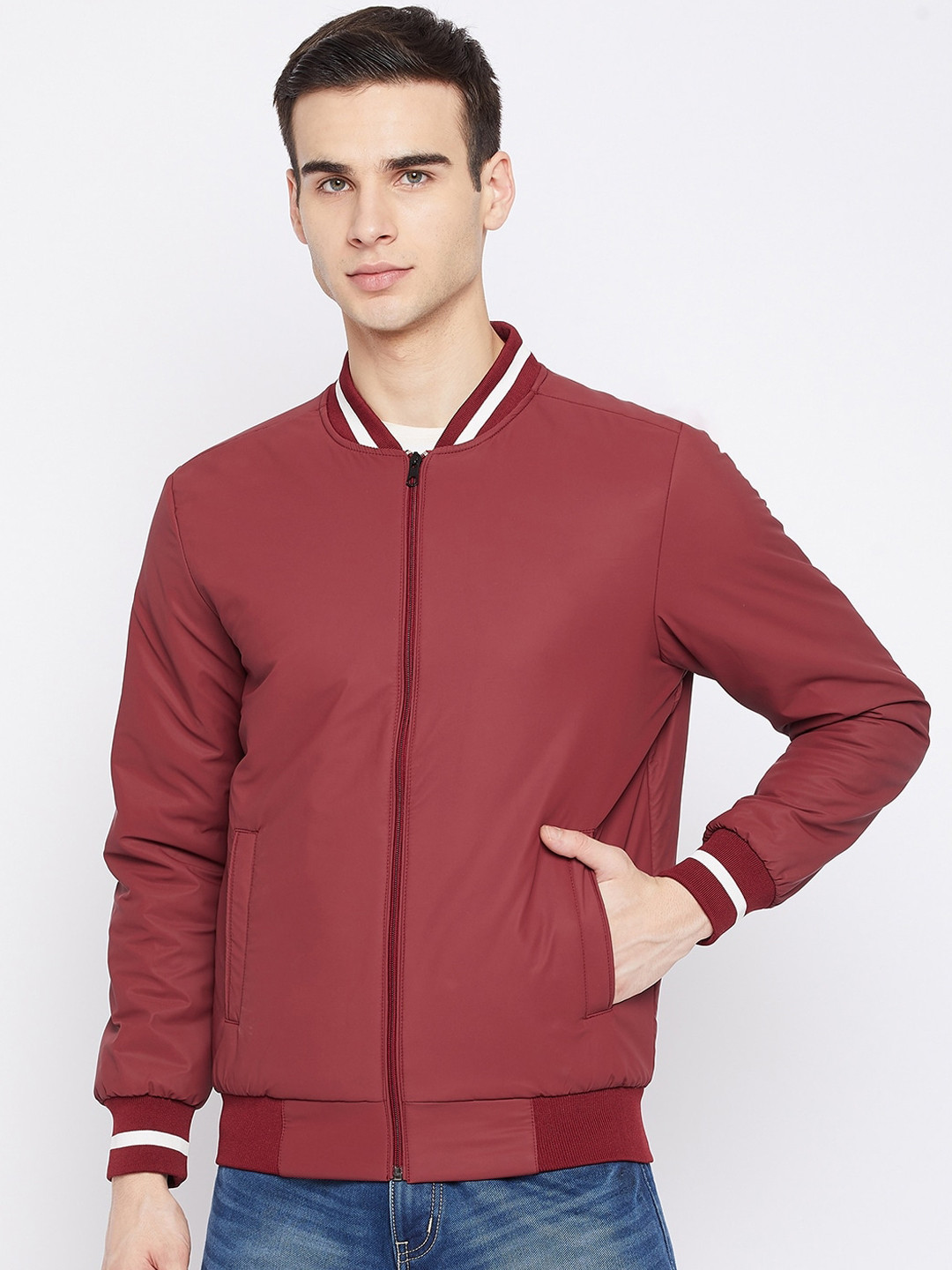 Camey Men Maroon Solid Lightweight Bomber Jacket