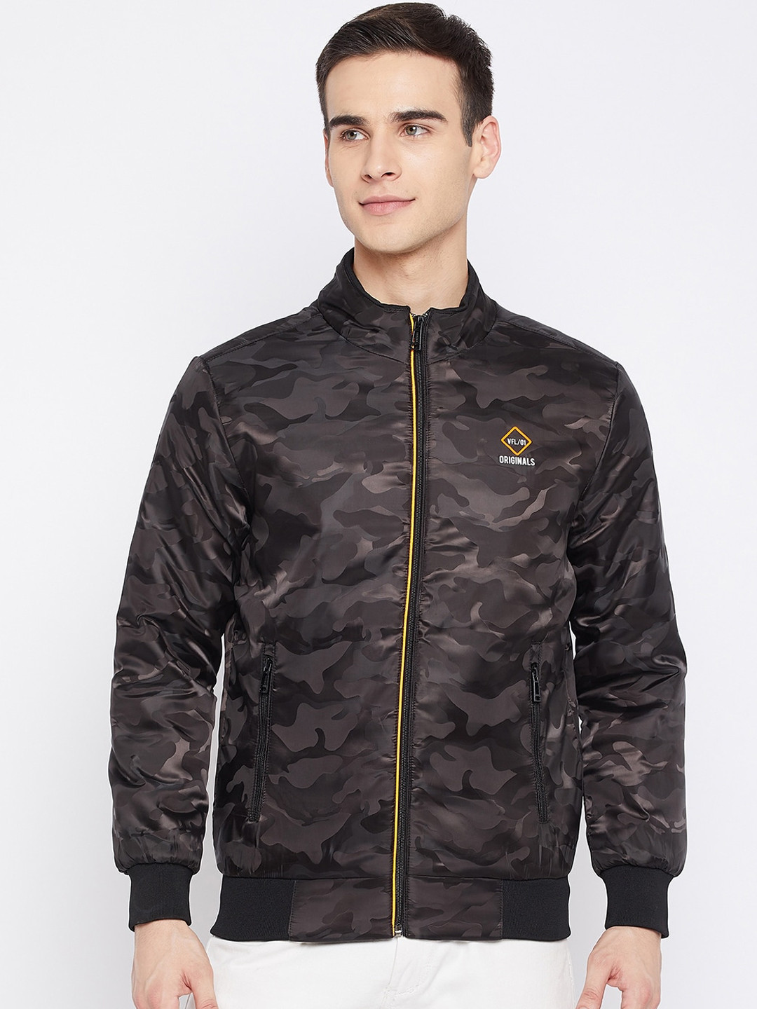 Camey Men Black & Charcoal Grey Camouflage Print Lightweight Bomber Jacket