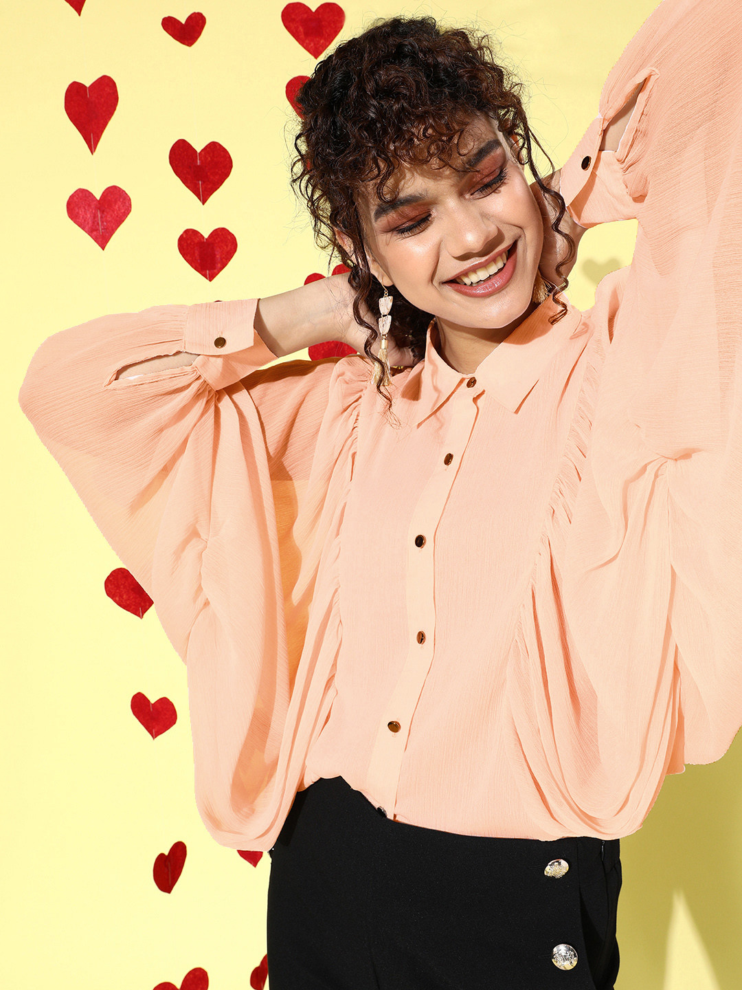 KASSUALLY Women Peach Solid Batwing Sleeves Shirt Top