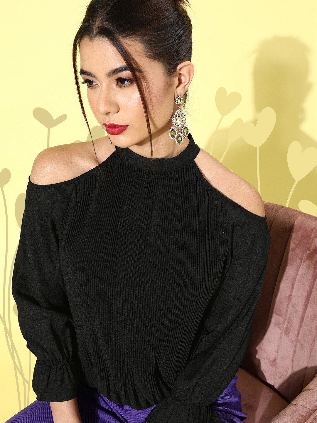 KASSUALLY Women Black Solid Cold Shoulder Sleeves Top