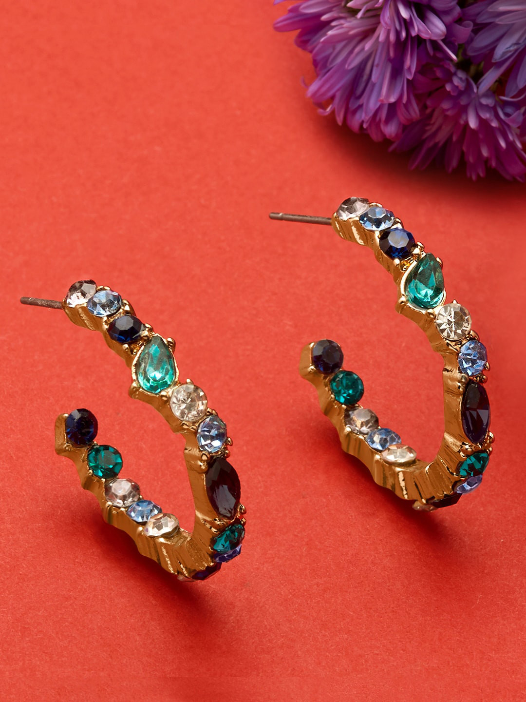 Accessorize London Eclectic Stones Studded Half Hoop Earrings