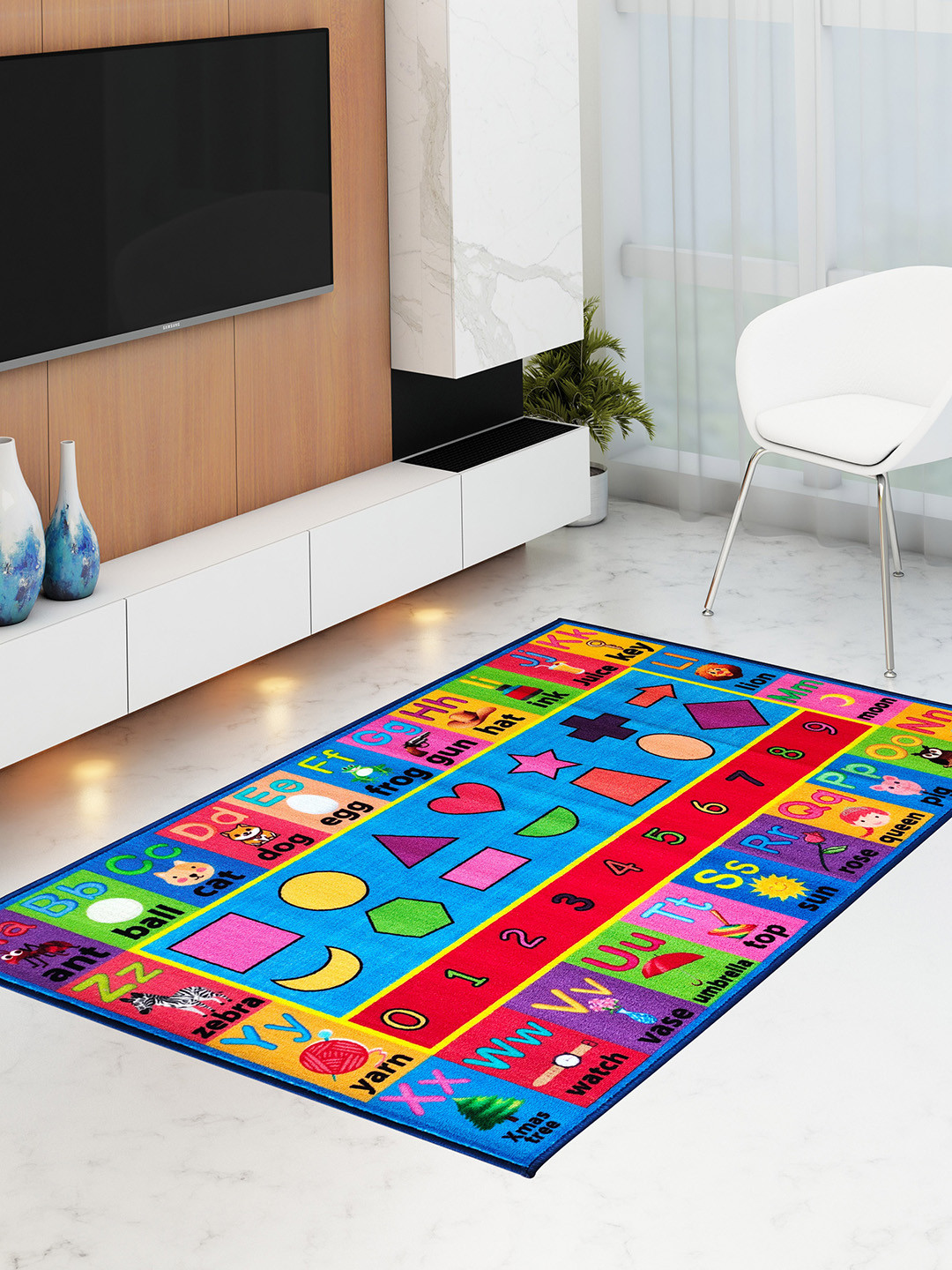 Athom Trendz Blue & Red Alphabetic Printed Anti Skid Carpet