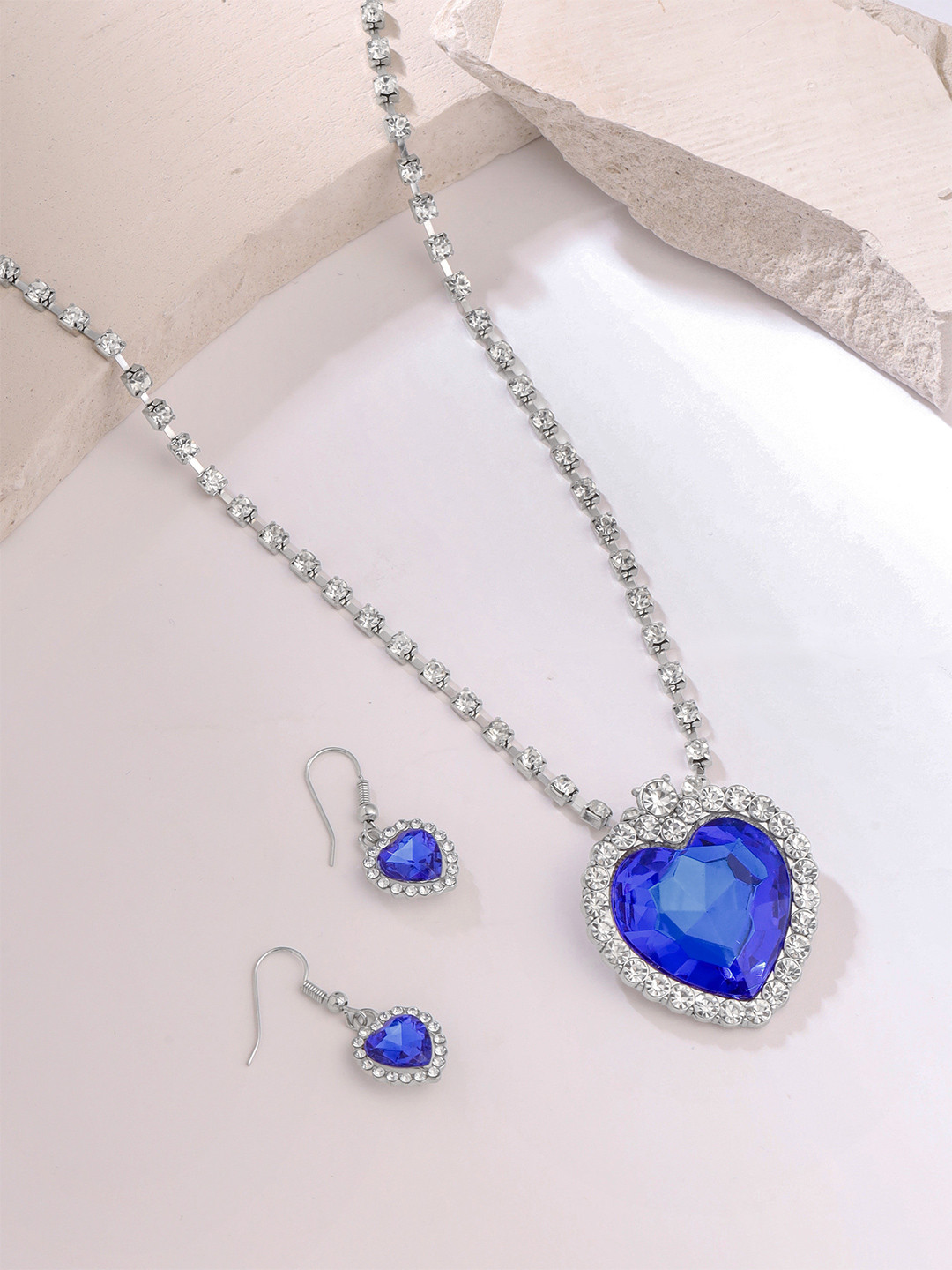 Yellow Chimes Blue & Silver Ocean Heart Austrian Crystal Silver Plated Pendant Set